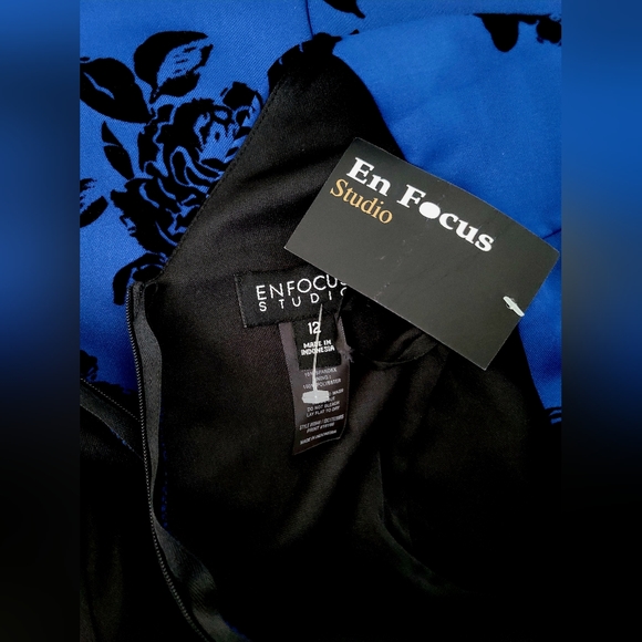 Blue with Black floral sleeveless formal dress, Enfocus, sz 12 - Picture 9 of 10